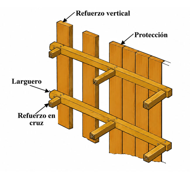 Anexo I.2 de la Norma G.050: modelos de entibado con apuntalamiento de madera y tabla OSHA de dimensiones según tipo de suelo