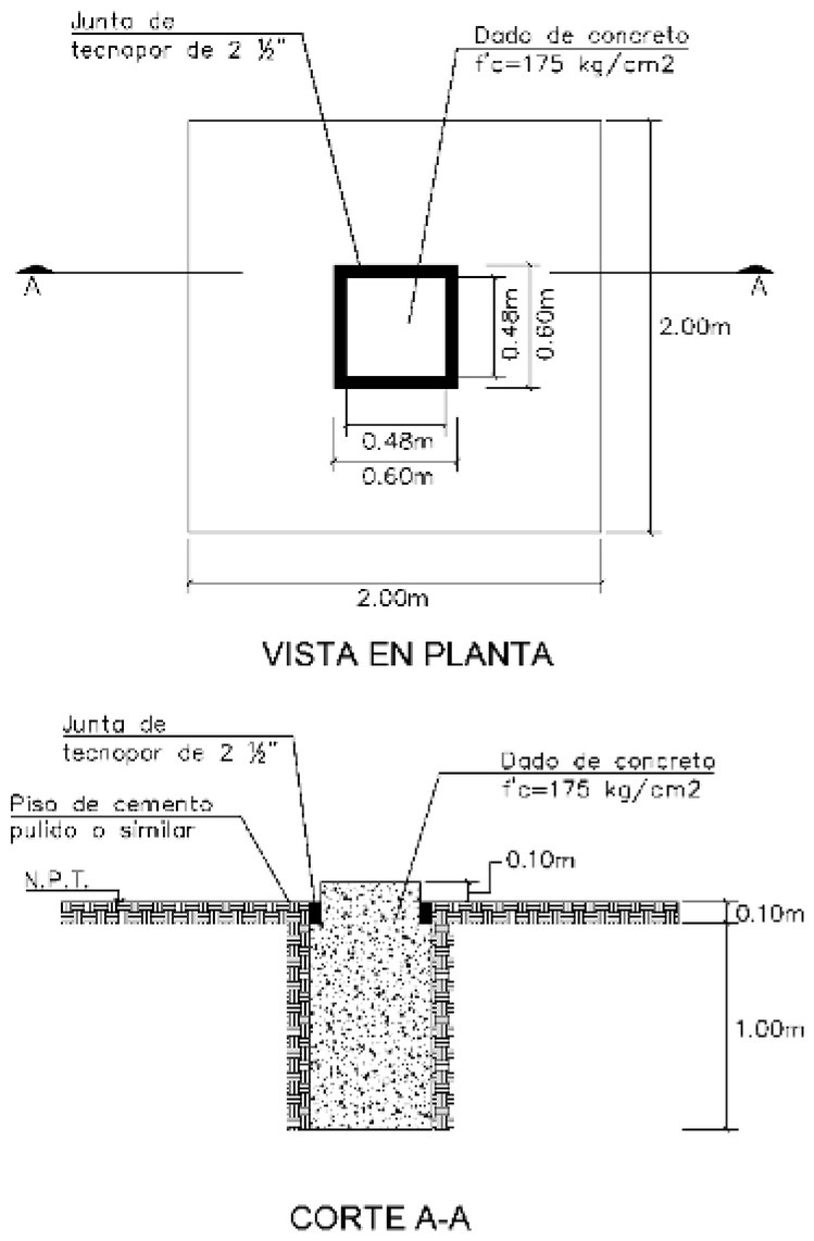 Dado de concreto del acelerómetro en la base: vista en planta y corte A-A