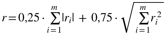 r = 0,25 · Σ |ri| + 0,75 · raíz de (Σ ri²)