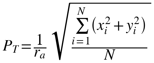 P_T = (1 / r_a) raíz de (Σ (x_i² + y_i²) / N)
