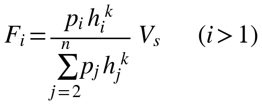 F_i = p_i h_i^k / Σ p_j h_j^k · V_s (i > 1)
