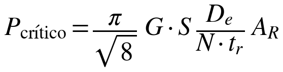P_crítico = (π / raíz de 8) G S (D_e / (N t_r)) A_R