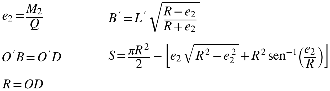 e2 = M2/Q ; B′ = L′ √((R−e2)/(R+e2)) ; O′B = O′D ; S = πR²/2 − [e2 √(R² − e2²) + R² sen⁻¹(e2/R)] ; R = OD