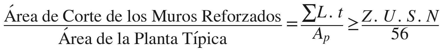 Área de corte de los muros reforzados / Área de la planta típica = ΣL.t / Ap ≥ Z.U.S.N / 56