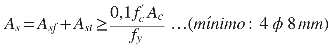 As = Asf + Ast ≥ 0,1 f´c Ac / fy ... (mínimo: 4 φ 8 mm)