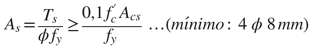As = Ts / (φ fy) ≥ 0,1 f´c Acs / fy ... (mínimo: 4 φ 8 mm)