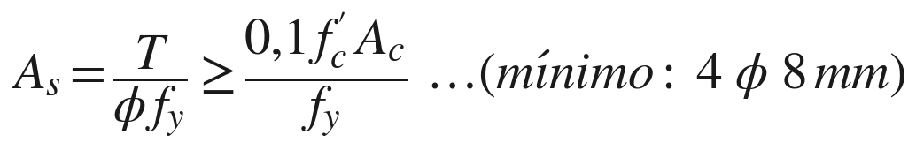 As = T / (φ fy) ≥ 0,1 f´c Ac / fy ... (mínimo: 4 φ 8 mm)