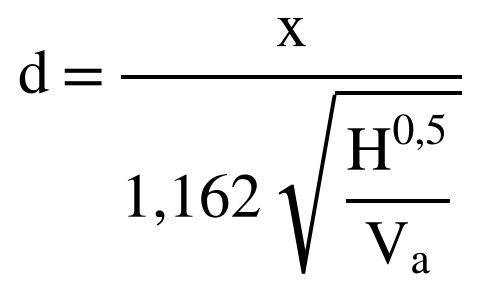 d = x / (1,162 · raíz(H^0,5 / Va))